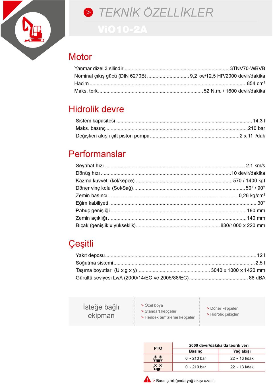 ..570 / 1400 kgf Döner vinç kolu (Sol/Sağ)...50 / 90 Zemin basıncı... 0,26 kg/cm 2 Eğim kabiliyeti... 30 Pabuç genişliği...180 mm Zemin açıklığı...140 mm Bıçak (genişlik x yükseklik).