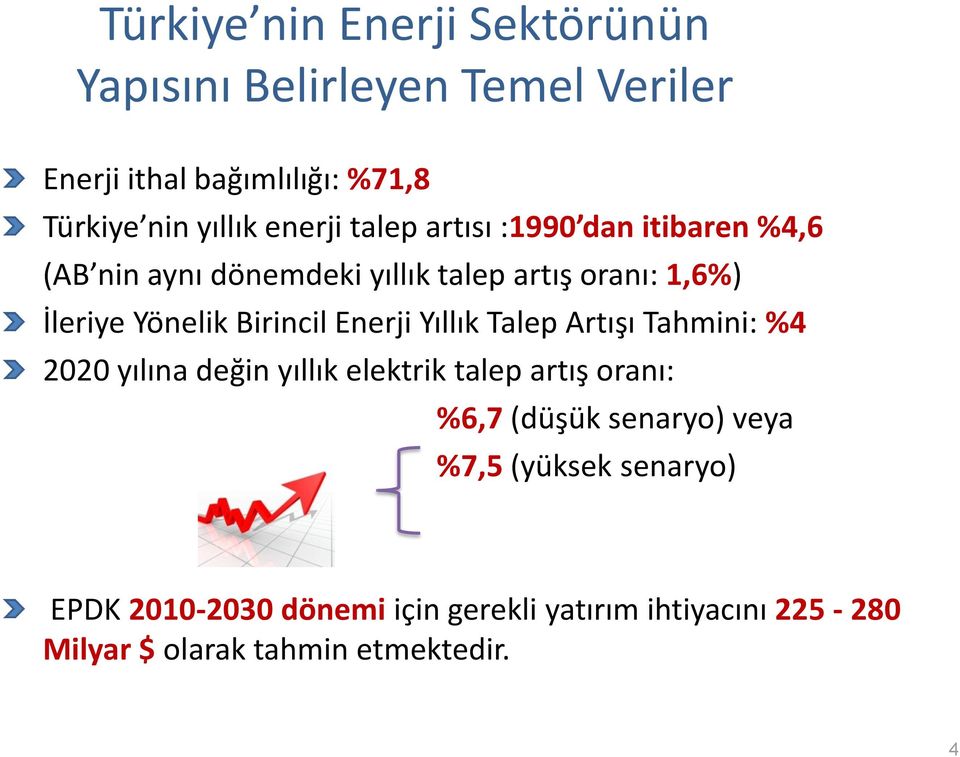 Birincil Enerji Yıllık Talep Artışı Tahmini: %4 2020 yılına değin yıllık elektrik talep artış oranı: %6,7 (düşük