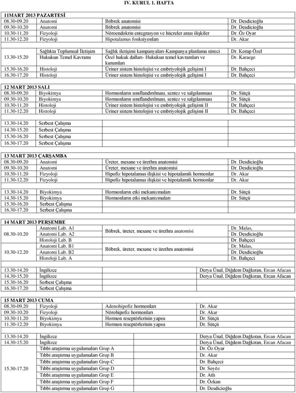 Korap Özel Hukukun Temel Kavramı Özel hukuk dalları- Hukukun temel kavramları ve Dr. Karaege kurumları 15.30-16.20 Histoloji Üriner sistem histolojisi ve embriyolojik gelişimi I 16.30-17.