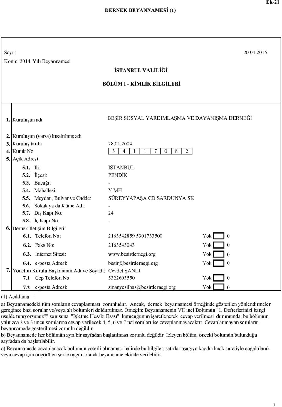 1 Cep Telefon No 7.2 İli İlçesi Bucağı Mahallesi Meydan, Bulvar ve Cadde Sokak ya da Küme Adı Dış Kapı No İç Kapı No Faks No İnternet Sitesi e-posta Adresi e-posta Adresi 28.1.24 3 4 1 2163542859 5317335 216354343 sinanyesilbas@besirdernegi.