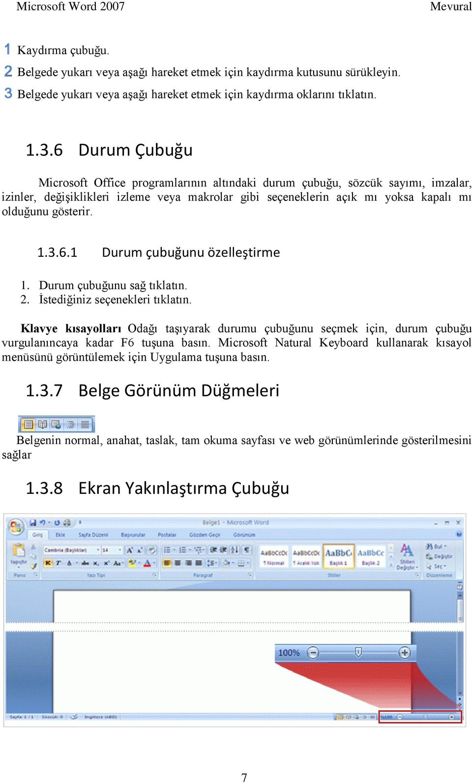 1.3.6.1 Durum çubuğunu özelleştirme 1. Durum çubuğunu sağ tıklatın. 2. Ġstediğiniz seçenekleri tıklatın.