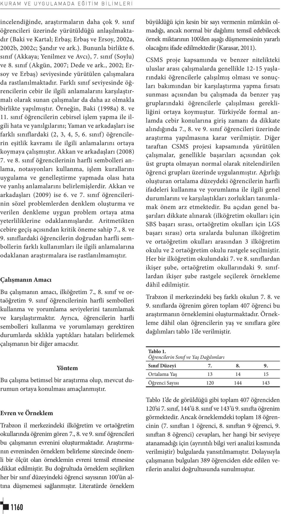 sınıf (Soylu) ve 8. sınıf (Akgün, 2007; Dede ve ark., 2002; Ersoy ve Erbaş) seviyesinde yürütülen çalışmalara da rastlanılmaktadır.