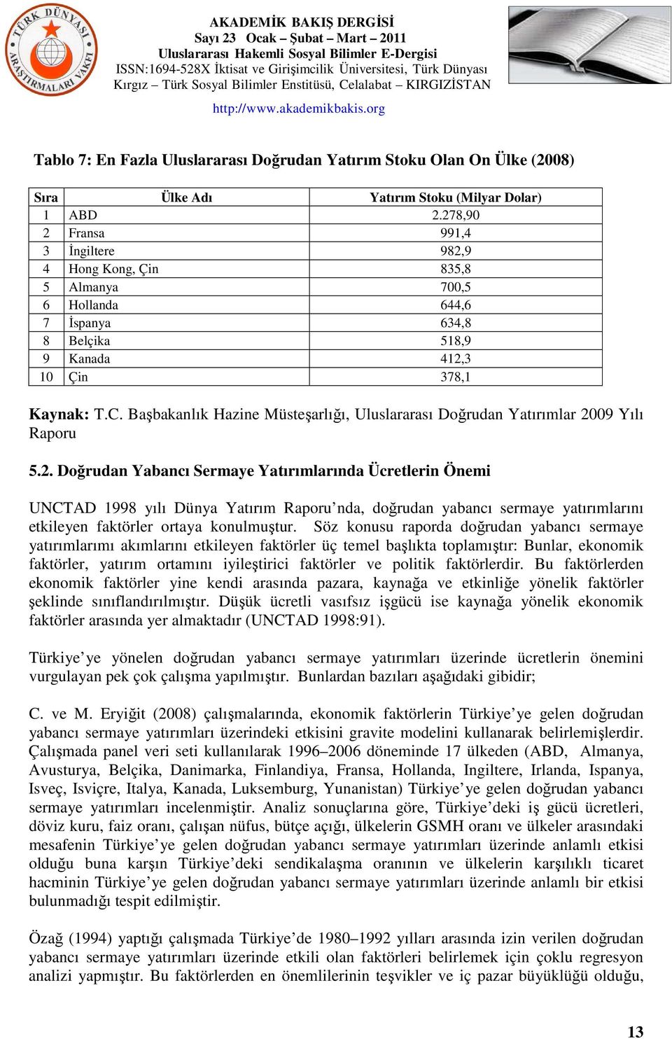 Başbakanlık Hazine Müsteşarlığı, Uluslararası Doğrudan Yatırımlar 20