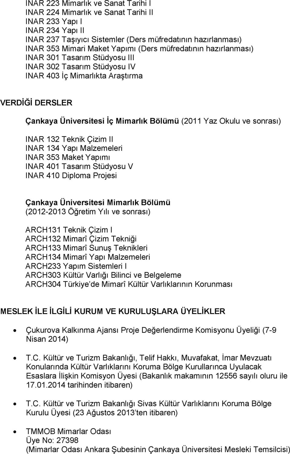 sonrası) INAR 132 Teknik Çizim II INAR 134 Yapı Malzemeleri INAR 353 Maket Yapımı INAR 401 Tasarım Stüdyosu V INAR 410 Diploma Projesi Çankaya Üniversitesi Mimarlık Bölümü (2012-2013 Öğretim Yılı ve