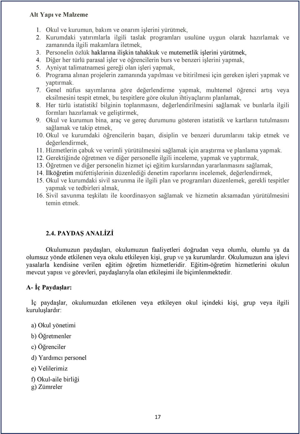 Ayniyat talimatnamesi gereği olan işleri yapmak, 6. Programa alınan projelerin zamanında yapılması ve bitirilmesi için gereken işleri yapmak ve yaptırmak. 7.