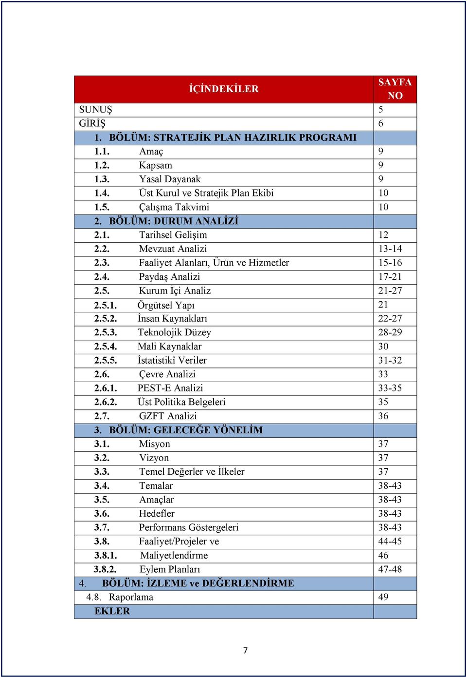 5.2. İnsan Kaynakları 22-27 2.5.3. Teknolojik Düzey 28-29 2.5.4. Mali Kaynaklar 30 2.5.5. İstatistikî Veriler 31-32 2.6. Çevre Analizi 33 2.6.1. PEST-E Analizi 33-35 2.6.2. Üst Politika Belgeleri 35 2.