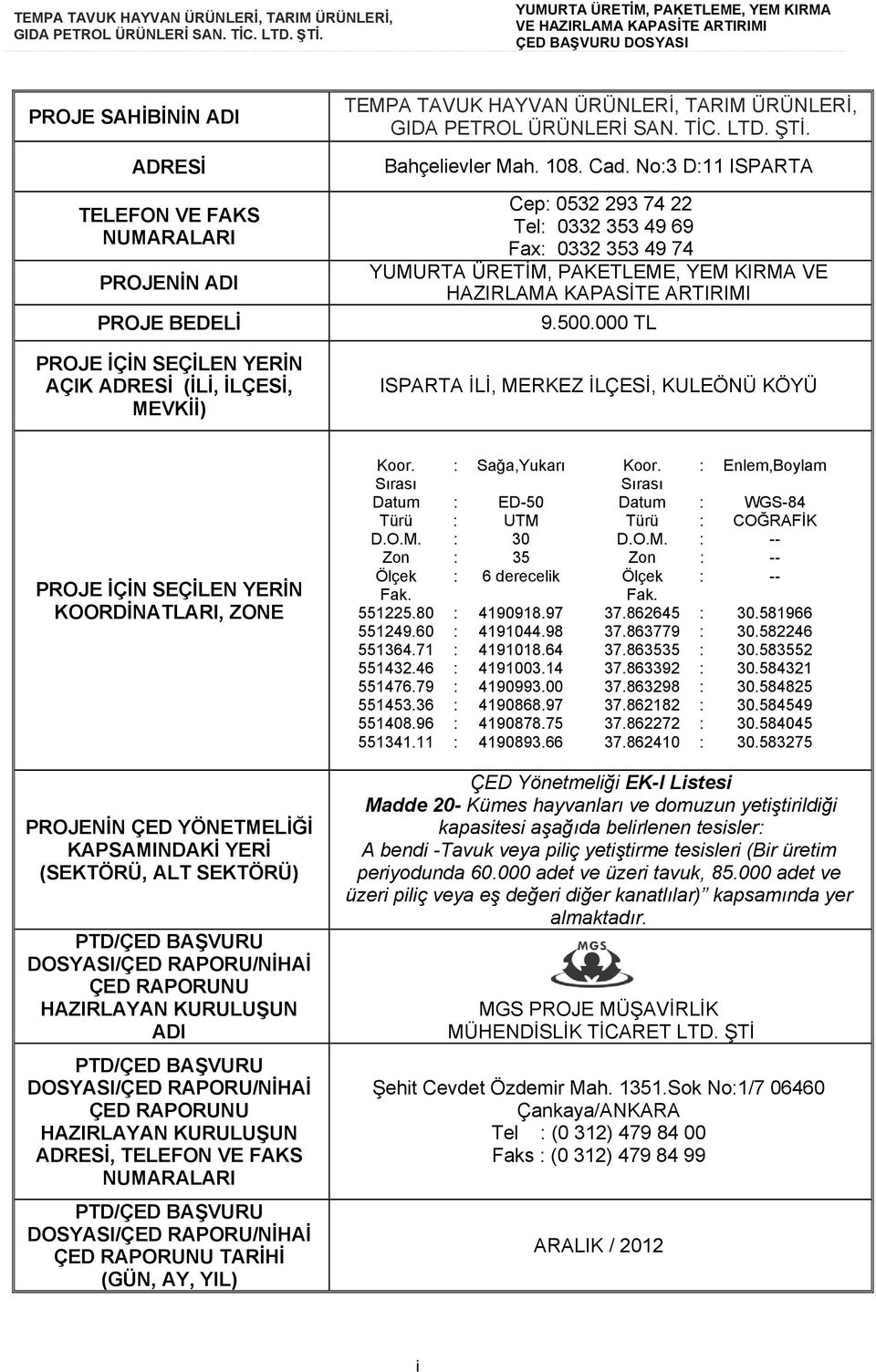 000 TL ISPARTA İLİ, MERKEZ İLÇESİ, KULEÖNÜ KÖYÜ PROJE İÇİN SEÇİLEN YERİN KOORDİNATLARI, ZONE PROJENİN ÇED YÖNETMELİĞİ KAPSAMINDAKİ YERİ (SEKTÖRÜ, ALT SEKTÖRÜ) PTD/ÇED BAŞVURU DOSYASI/ÇED RAPORU/NİHAİ