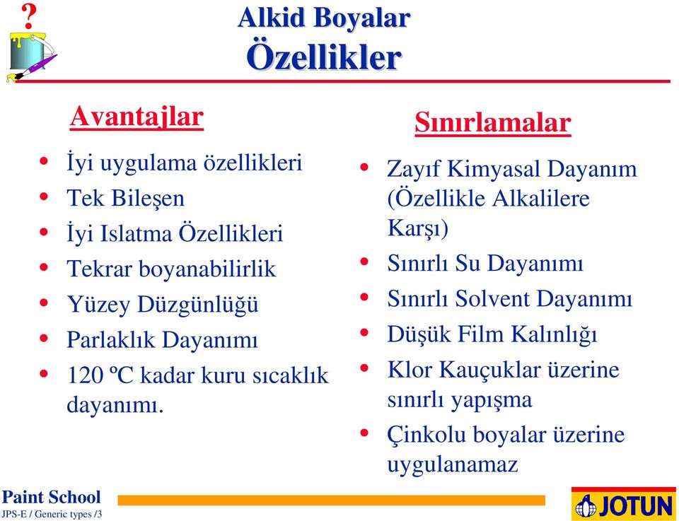 Sınırlamalar Zayıf Kimyasal Dayanım (Özellikle Alkalilere Karşı) Sınırlı Su Dayanımı Sınırlı Solvent