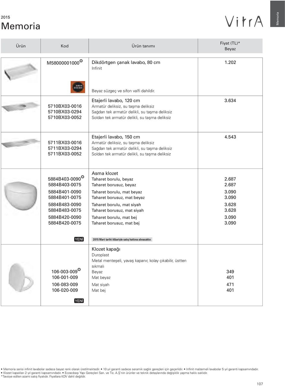 634 5711BX03-0016 5711BX03-0294 5711BX03-0052 Etajerli lavabo, 150 cm Armatür deliksiz, su taşma deliksiz Sa dan tek armatür delikli, su taşma deliksiz Soldan tek armatür delikli, su taşma deliksiz 4.