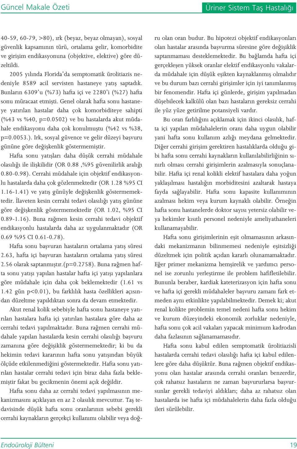 Bunlar n 6309 u (%73) hafta içi ve 2280 i (%27) hafta sonu müracaat etmiflti. Genel olarak hafta sonu hastaneye yat r lan hastalar daha çok komorbiditeye sahipti (%43 vs %40, p=0.