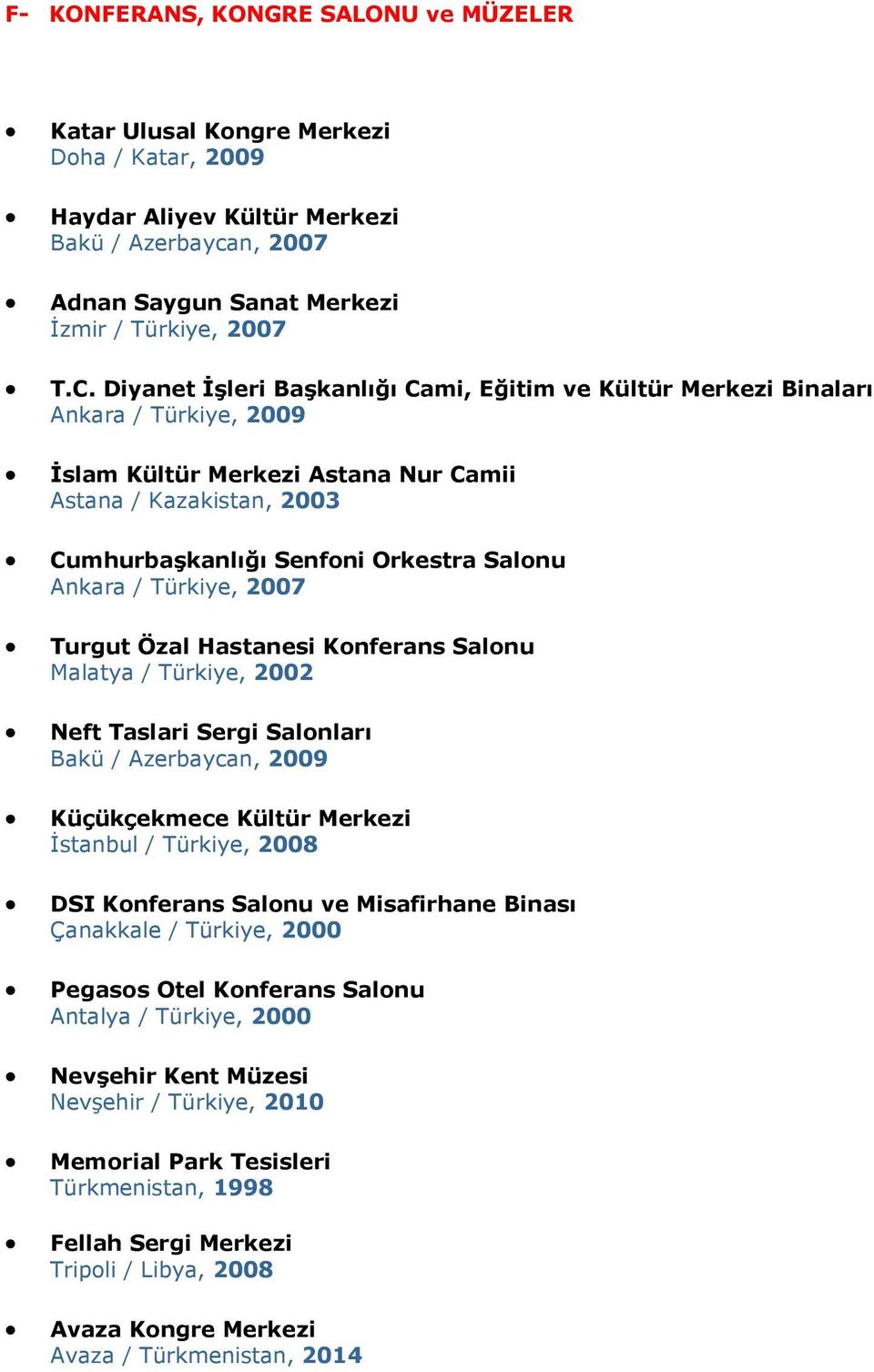 Ankara / Türkiye, 2007 Turgut Özal Hastanesi Konferans Salonu Malatya / Türkiye, 2002 Neft Taslari Sergi Salonları Bakü / Azerbaycan, 2009 Küçükçekmece Kültür Merkezi İstanbul / Türkiye, 2008 DSI