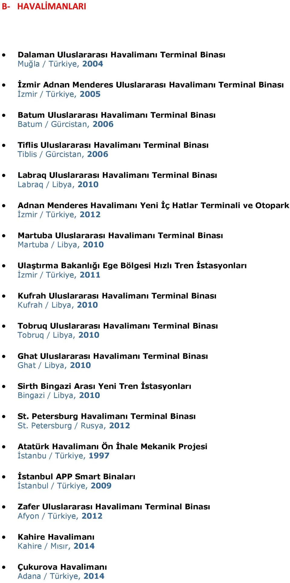 Havalimanı Yeni İç Hatlar Terminali ve Otopark İzmir / Türkiye, 2012 Martuba Uluslararası Havalimanı Terminal Binası Martuba / Libya, 2010 Ulaştırma Bakanlığı Ege Bölgesi Hızlı Tren İstasyonları