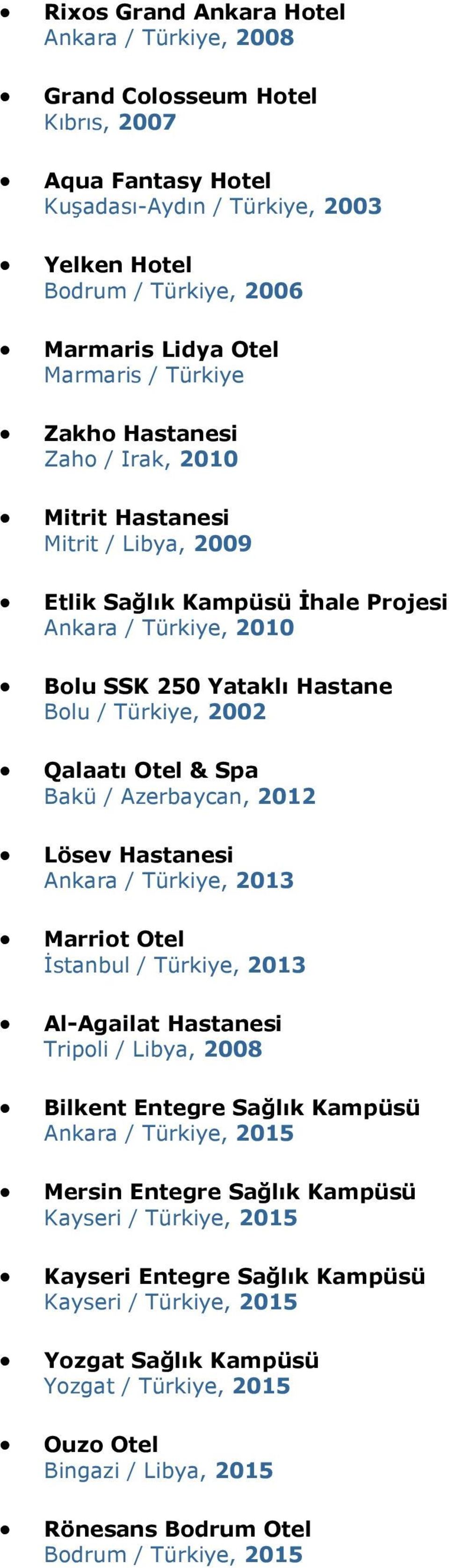 Otel & Spa Bakü / Azerbaycan, 2012 Lösev Hastanesi Ankara / Türkiye, 2013 Marriot Otel İstanbul / Türkiye, 2013 Al-Agailat Hastanesi Tripoli / Libya, 2008 Bilkent Entegre Sağlık Kampüsü Ankara /