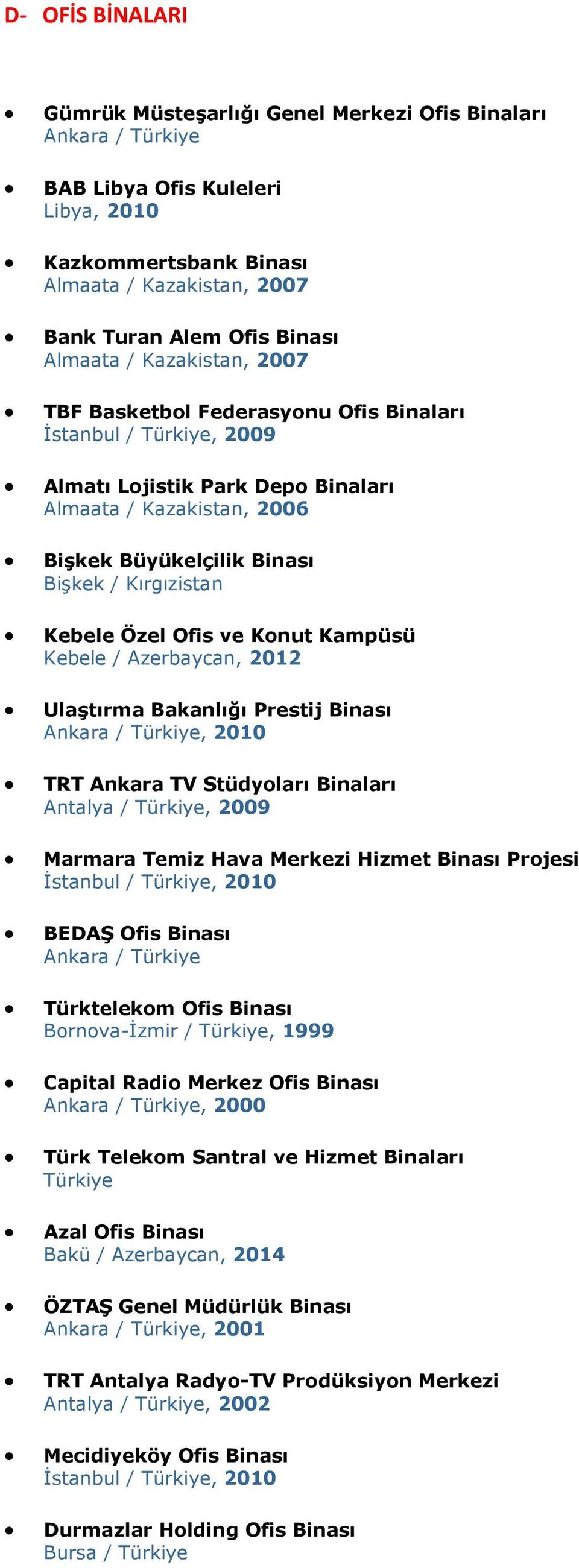 Kırgızistan Kebele Özel Ofis ve Konut Kampüsü Kebele / Azerbaycan, 2012 Ulaştırma Bakanlığı Prestij Binası Ankara / Türkiye, 2010 TRT Ankara TV Stüdyoları Binaları Antalya / Türkiye, 2009 Marmara