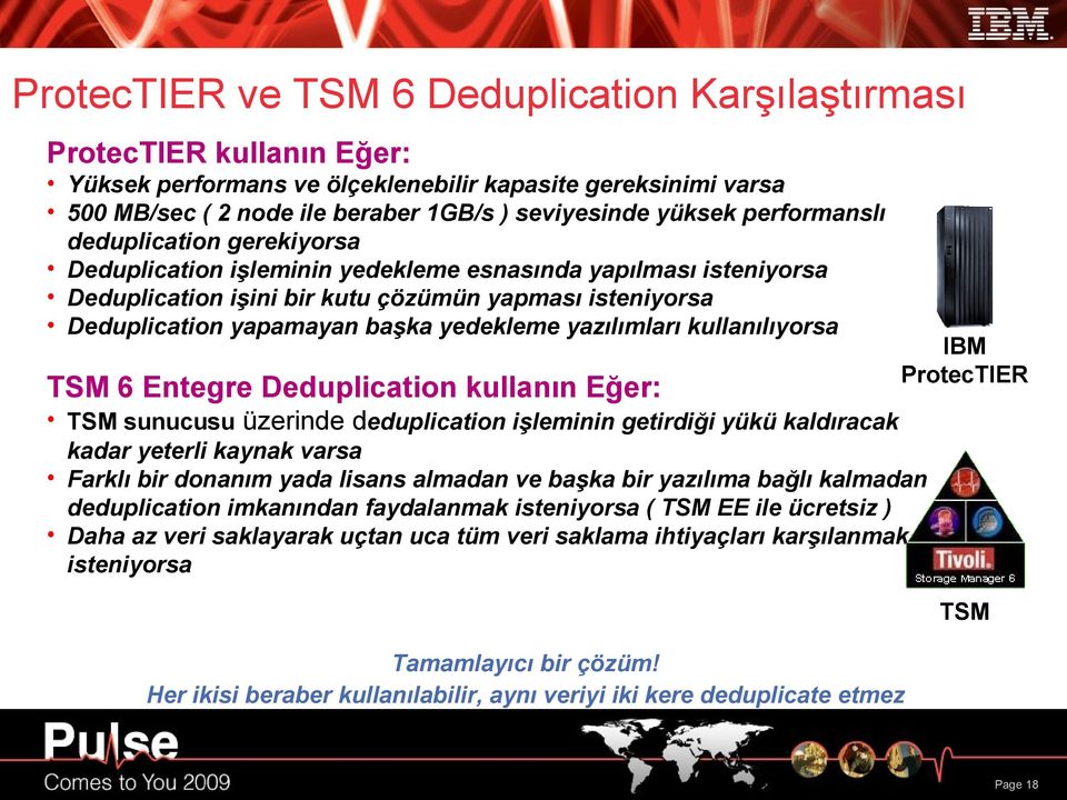 yedekleme yazılımları kullanılıyorsa TSM 6 Entegre Deduplication kullanın Eğer: IBM ProtecTIER TSM sunucusu üzerinde deduplication işleminin getirdiği yükü kaldıracak kadar yeterli kaynak varsa