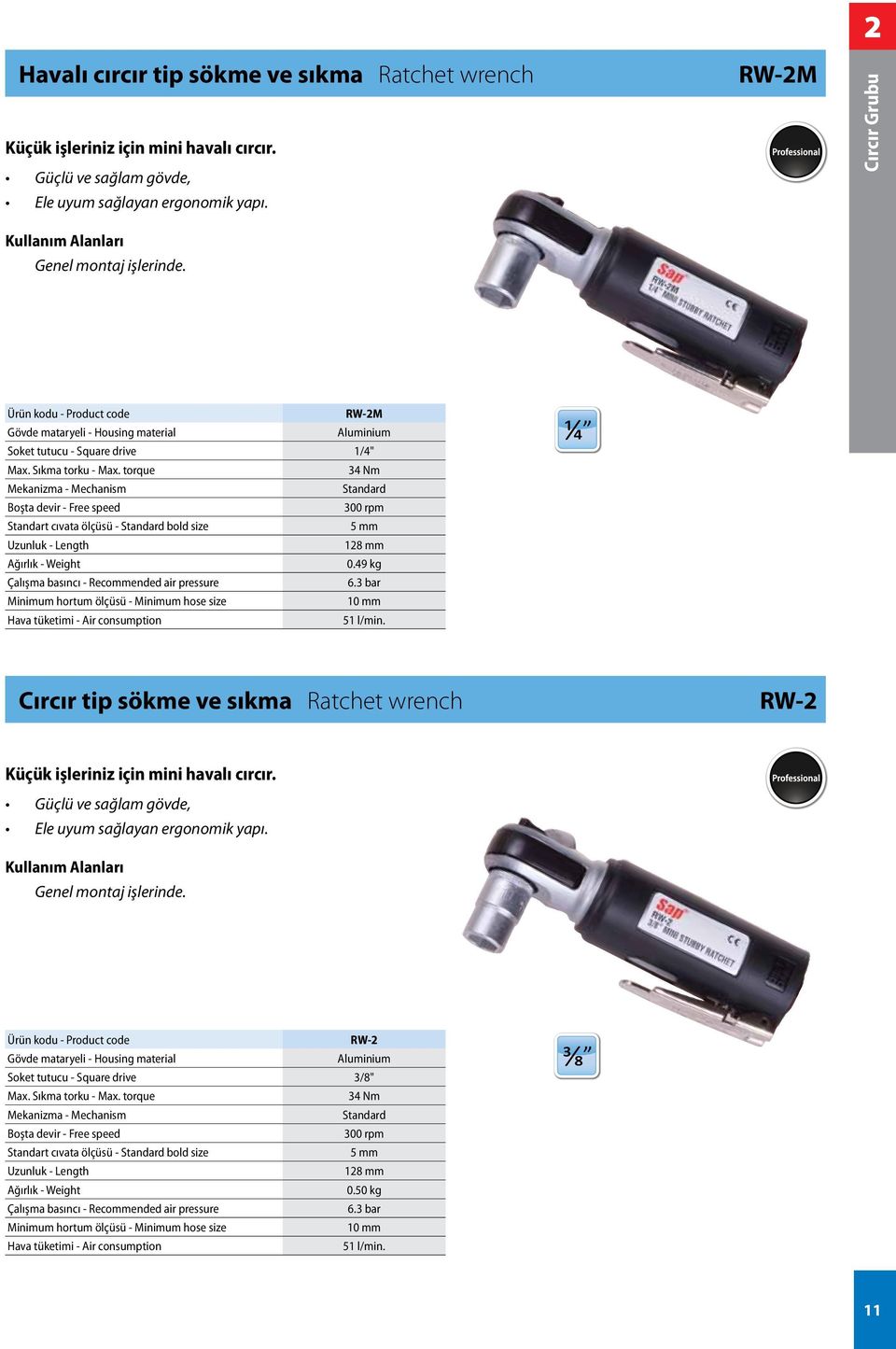 49 kg 51 l/min. 1 ¼ ½ ¾ ⅜ Cırcır tip sökme ve sıkma Ratchet wrench RW-2 Küçük işleriniz için mini havalı cırcır.