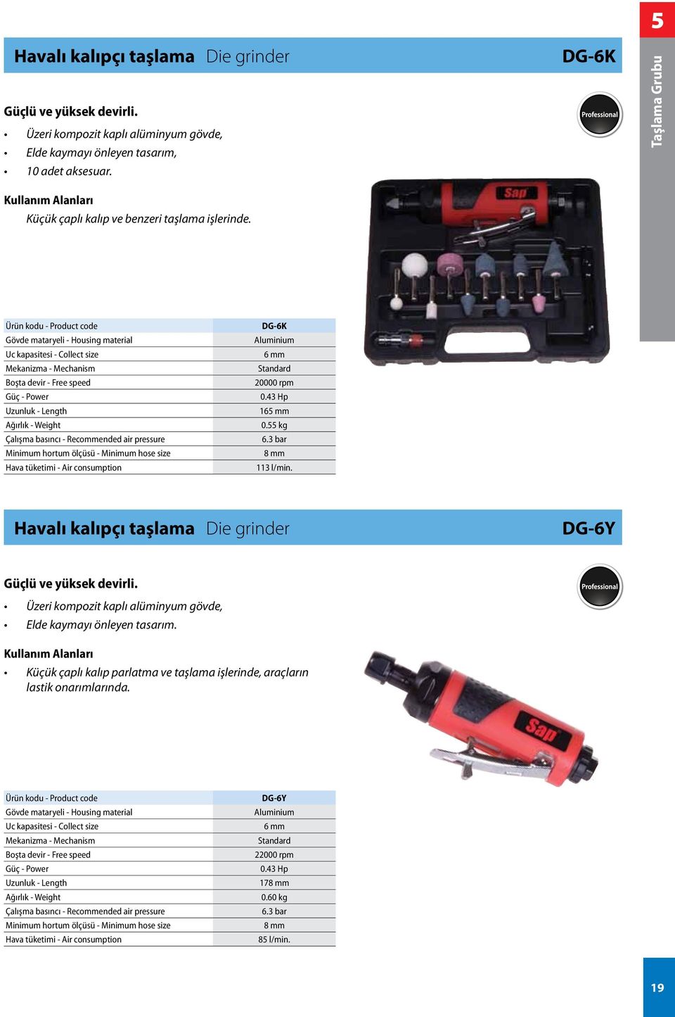 55 kg 8 mm 113 l/min. Havalı kalıpçı taşlama Die grinder DG-6Y Güçlü ve yüksek devirli. Üzeri kompozit kaplı alüminyum gövde, Elde kaymayı önleyen tasarım.