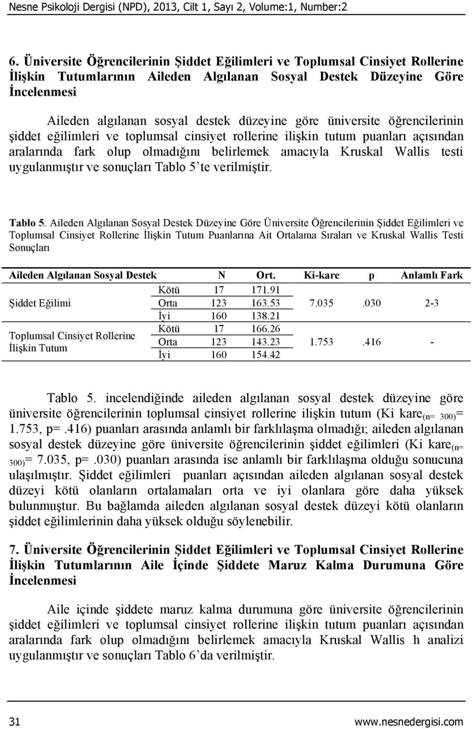 göre üniversite öğrencilerinin şiddet eğilimleri ve toplumsal cinsiyet rollerine ilişkin tutum puanları açısından aralarında fark olup olmadığını belirlemek amacıyla Kruskal Wallis testi