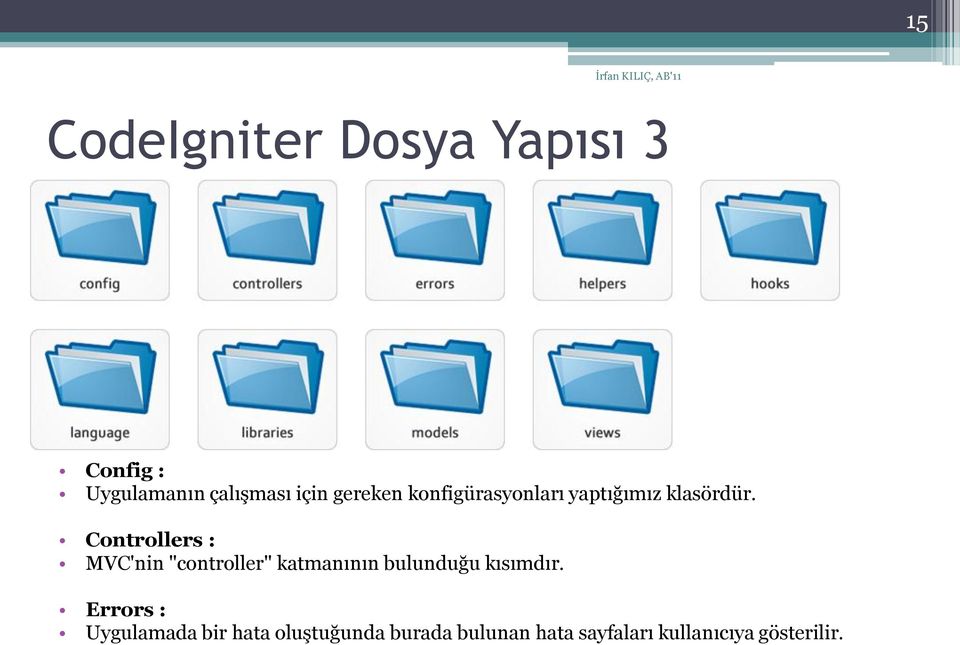Controllers : MVC'nin "controller" katmanının bulunduğu kısımdır.