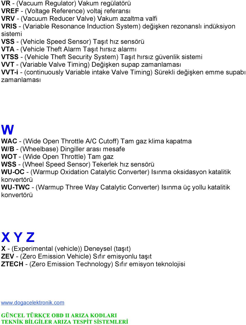 Valve Timing) Değişken supap zamanlaması VVT-i - (continuously Variable intake Valve Timing) Sürekli değişken emme supabı zamanlaması W WAC - (Wide Open Throttle A/C Cutoff) Tam gaz klima kapatma W/B