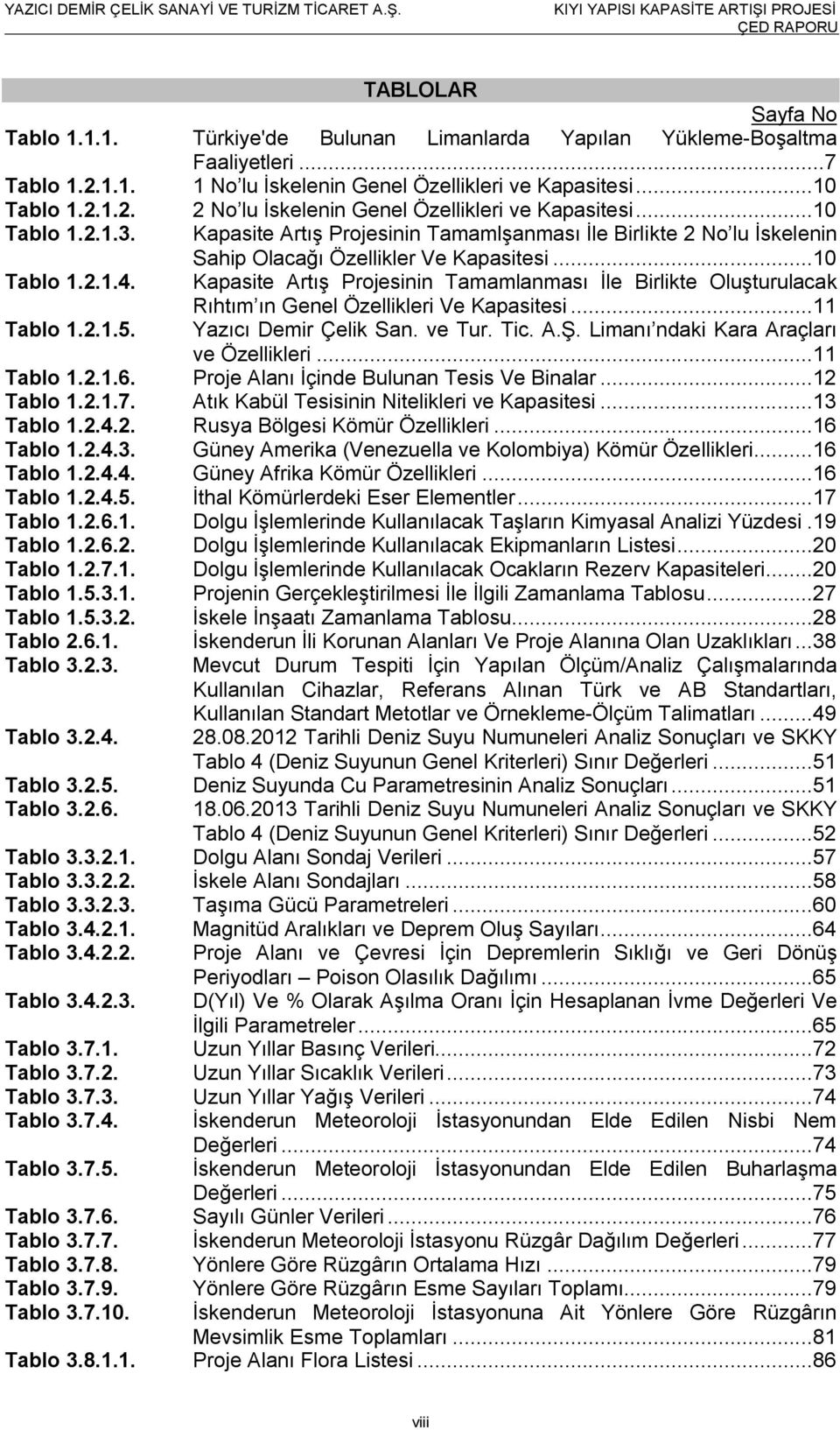 Kapasite Artış Projesinin Tamamlanması İle Birlikte Oluşturulacak Rıhtım ın Genel Özellikleri Ve Kapasitesi...11 Tablo 1.2.1.5. Yazıcı Demir Çelik San. ve Tur. Tic. A.Ş.