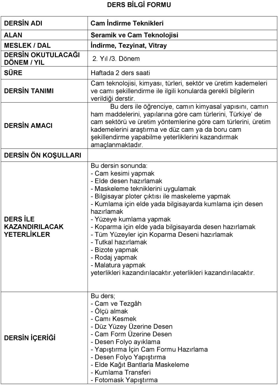 Dönem Haftada 2 ders saati Cam teknolojisi, kimyası, türleri, sektör ve üretim kademeleri ve camı şekillendirme ile ilgili konularda gerekli bilgilerin verildiği derstir.