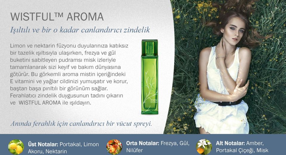 Bu görkemli aroma mistin içeriğindeki E vitamini ve yağlar cildinizi yumuşatır ve korur, baştan başa pırıltılı bir görünüm sağlar.