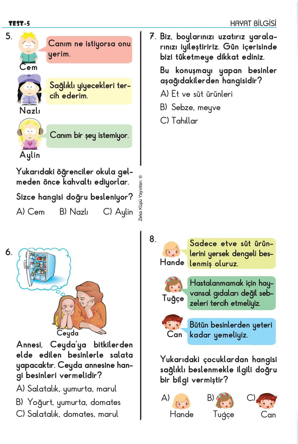 Et ve süt ürünleri Sebze, meyve Tahıllar Aylin Yukarıdaki öğrenciler okula gelmeden önce kahvaltı ediyorlar. Sizce hangisi doğru besleniyor? Cem Nazlı Aylin 6. 8.