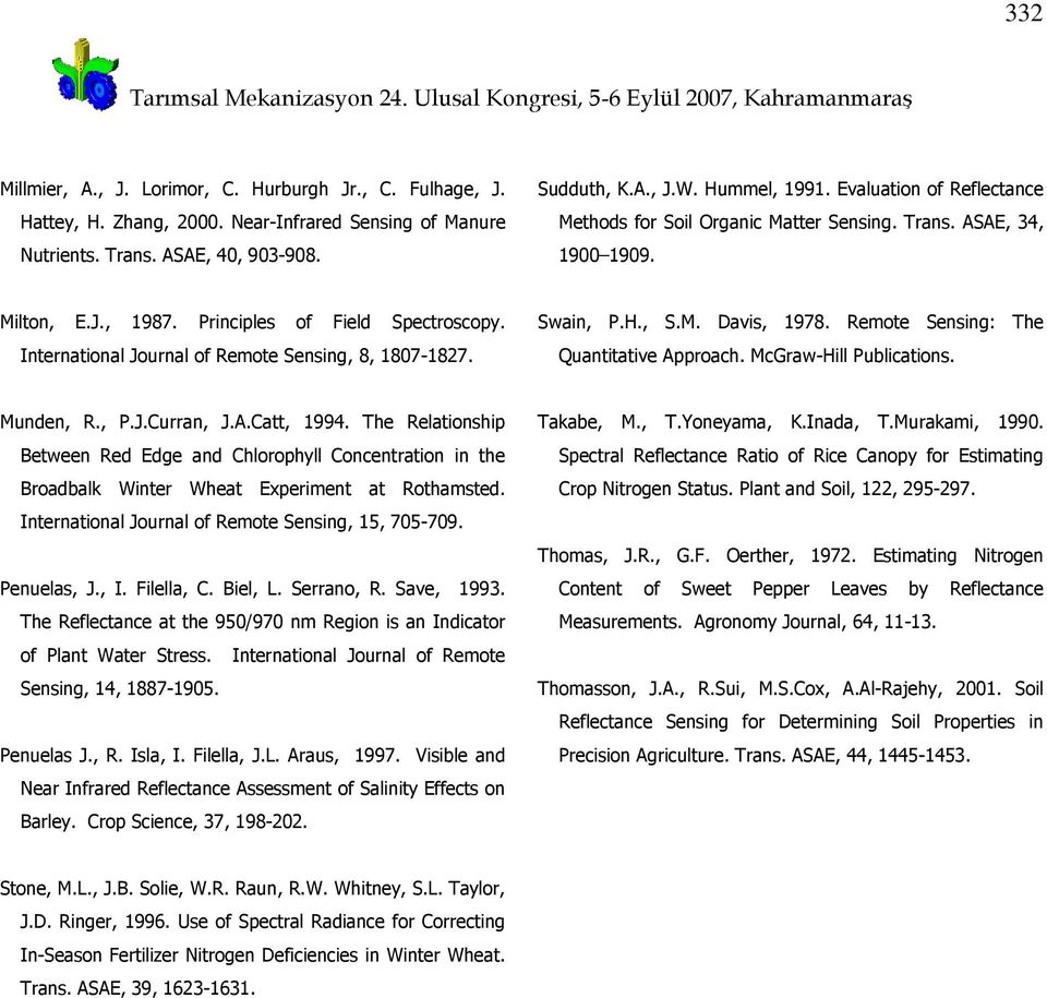 International Journal of Remote Sensing, 8, 1807-1827. Swain, P.H., S.M. Davis, 1978. Remote Sensing: The Quantitative Approach. McGraw-Hill Publications. Munden, R., P.J.Curran, J.A.Catt, 1994.