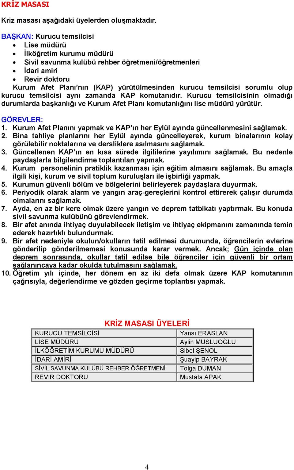 temsilcisi sorumlu olup kurucu temsilcisi aynı zamanda KAP komutanıdır. Kurucu temsilcisinin olmadığı durumlarda başkanlığı ve Kurum Afet Planı komutanlığını lise müdürü yürütür. GÖREVLER: 1.