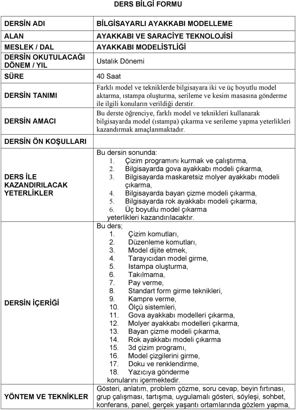 oluşturma, serileme ve kesim masasına gönderme ile ilgili konuların verildiği derstir.