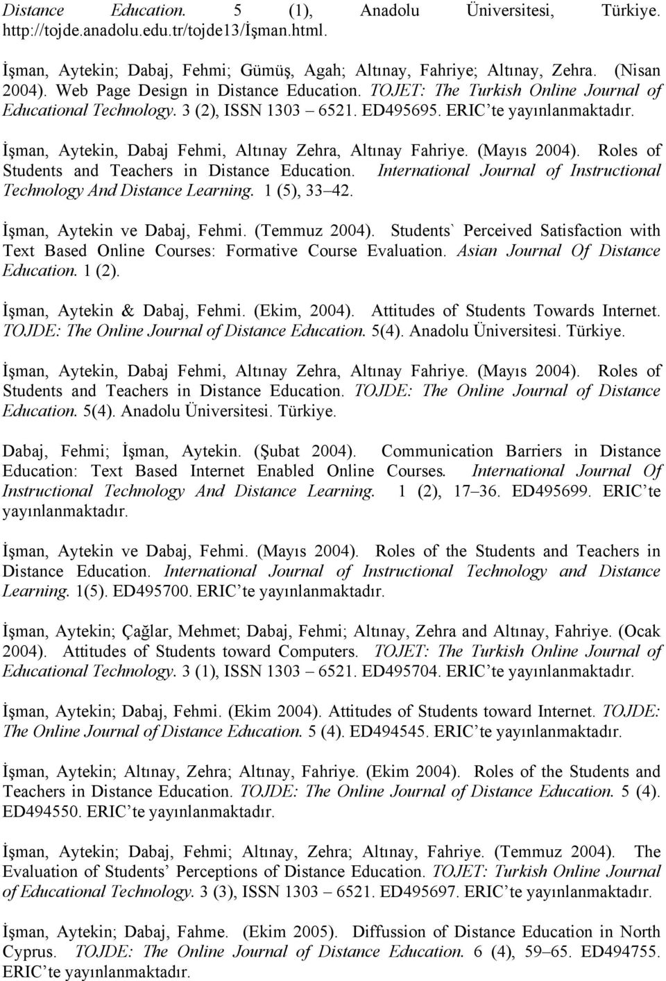 İşman, Aytekin, Dabaj Fehmi, Altınay Zehra, Altınay Fahriye. (Mayıs 2004). Roles of Students and Teachers in Distance Education.