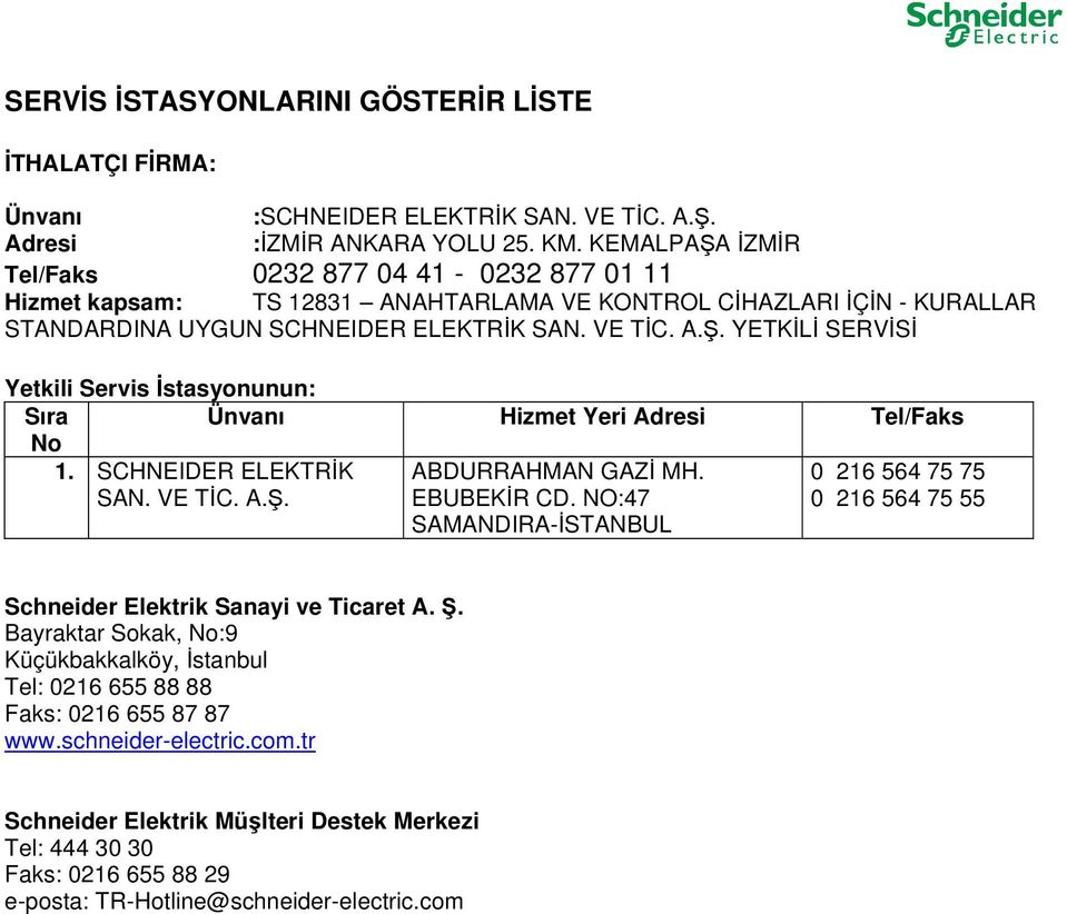 SCHNEIDER ELEKTRİK SAN. VE TİC. A.Ş. ABDURRAHMAN GAZİ MH. EBUBEKİR CD. NO:47 SAMANDIRA-İSTANBUL 0 216 564 75 75 0 216 564 75 55 Schneider Elektrik Sanayi ve Ticaret A. Ş.