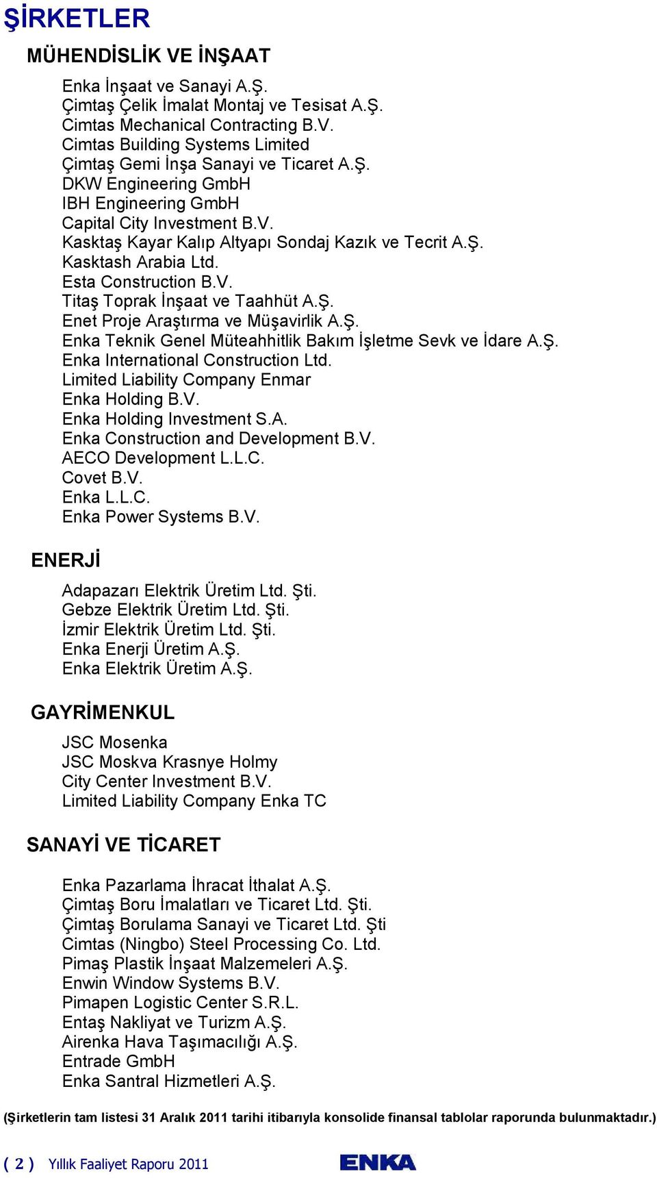 Ş. Enet Proje Araştırma ve Müşavirlik A.Ş. Enka Teknik Genel Müteahhitlik Bakım İşletme Sevk ve İdare A.Ş. Enka International Construction Ltd. Limited Liability Company Enmar Enka Holding B.V.