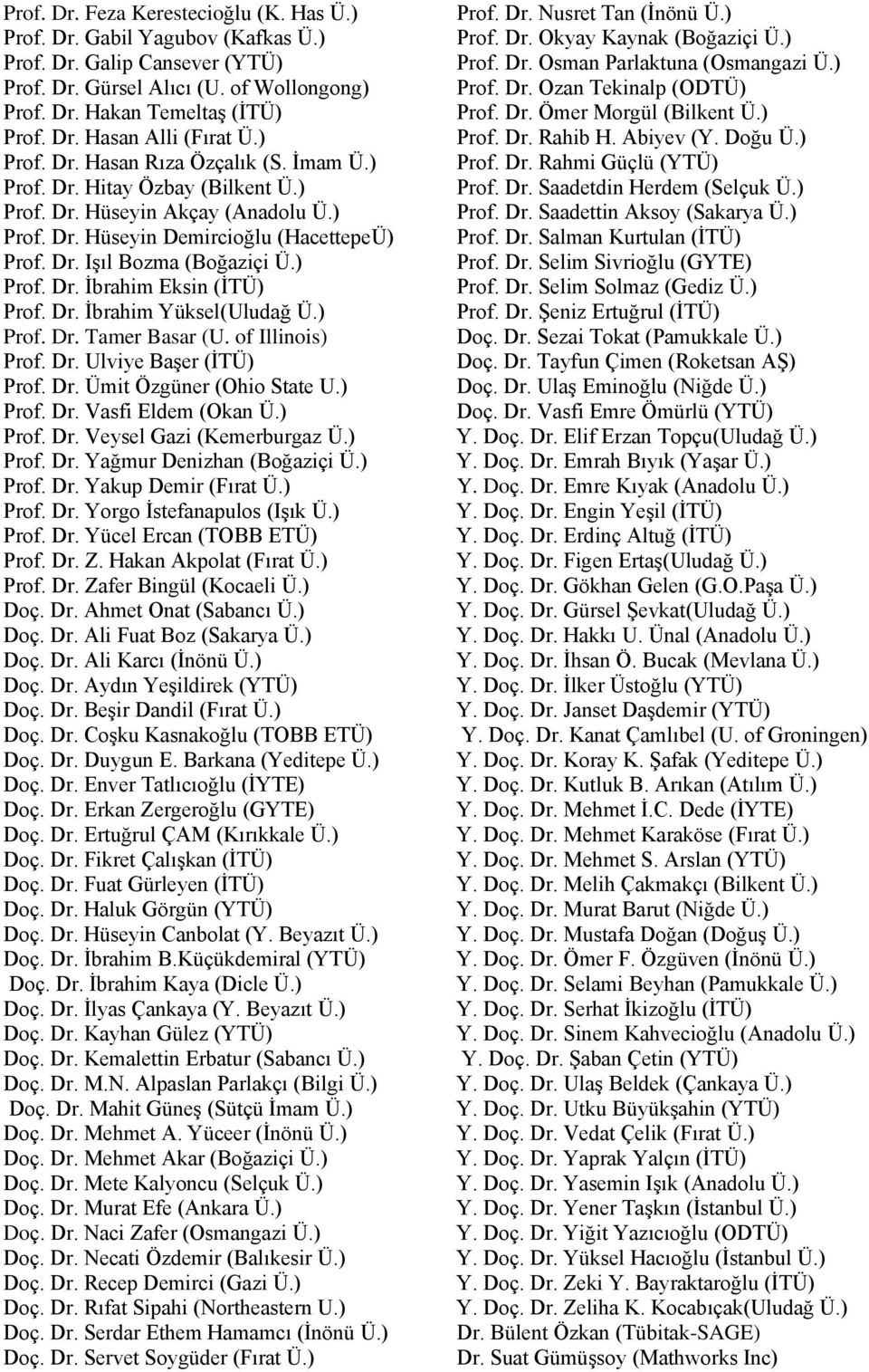 Dr. İbrahim Yüksel(Uludağ Ü.) Prof. Dr. Tamer Basar (U. of Illinois) Prof. Dr. Ulviye Başer (İTÜ) Prof. Dr. Ümit Özgüner (Ohio State U.) Prof. Dr. Vasfi Eldem (Okan Ü.) Prof. Dr. Veysel Gazi (Kemerburgaz Ü.