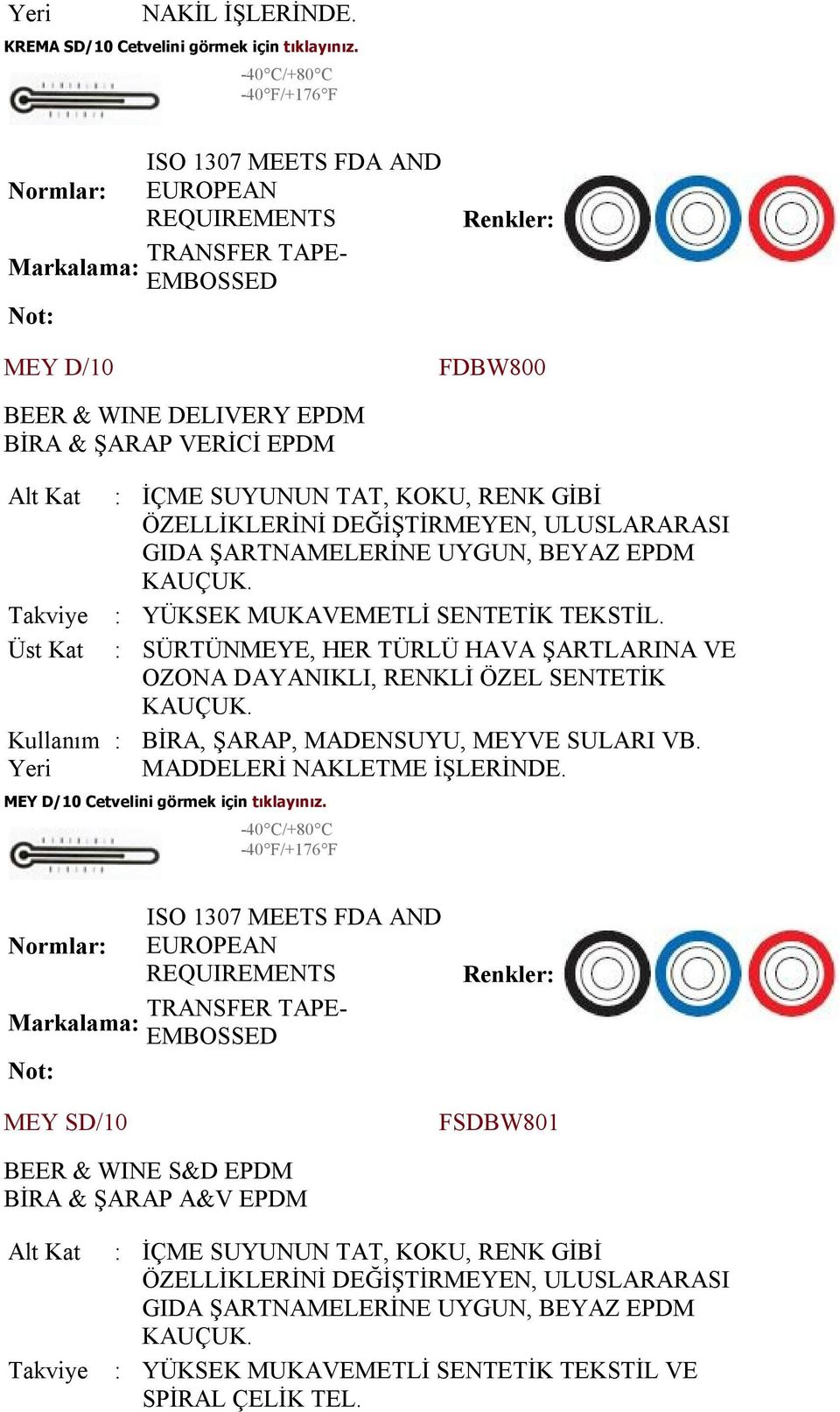 DEĞİŞTİRMEYEN, ULUSLARARASI GIDA ŞARTNAMELERİNE UYGUN, BEYAZ EPDM : YÜKSEK MUKAVEMETLİ SENTETİK TEKSTİL.