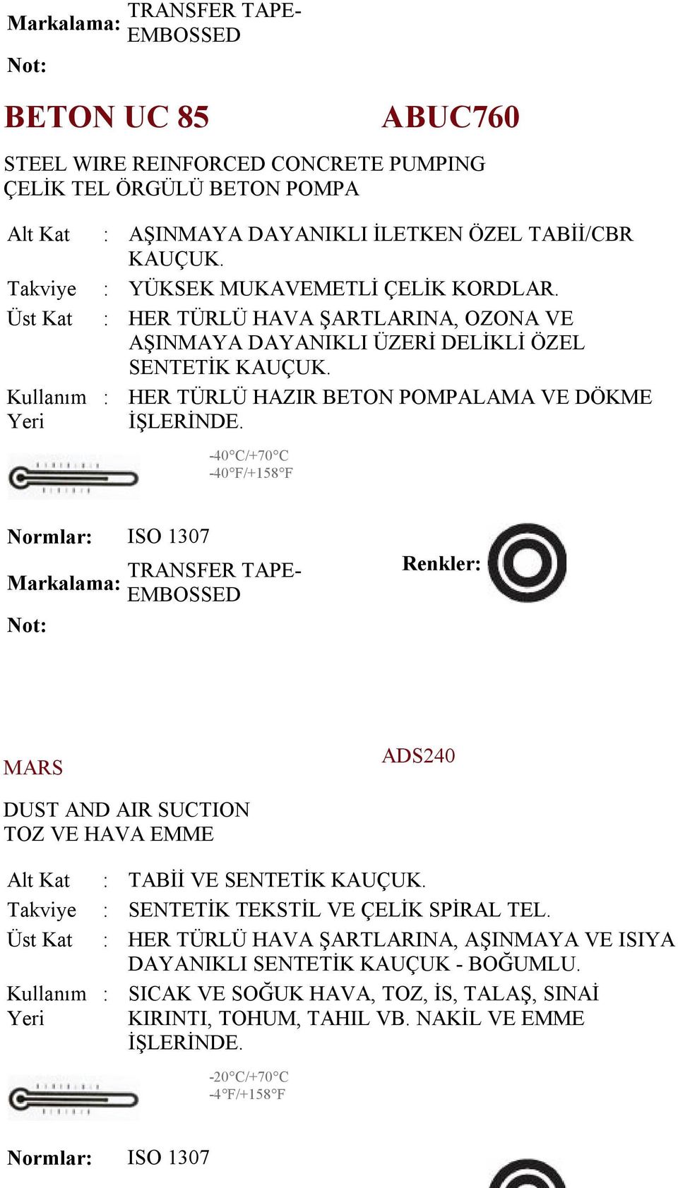 40 C/+70 C 40 F/+158 F EMBOSSED MARS ADS240 DUST AND AIR SUCTION TOZ VE HAVA EMME : TABİİ VE SENTETİK : SENTETİK TEKSTİL VE ÇELİK SPİRAL TEL.