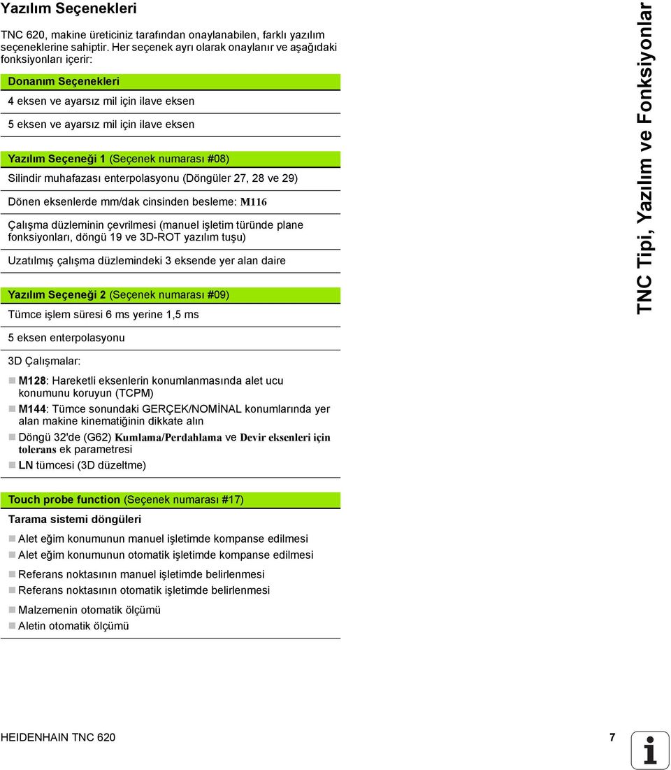 numarası #08) Silindir muhafazası enterpolasyonu (Döngüler 27, 28 ve 29) Dönen eksenlerde mm/dak cinsinden besleme: M116 Çalışma düzleminin çevrilmesi (manuel işletim türünde plane fonksiyonları,
