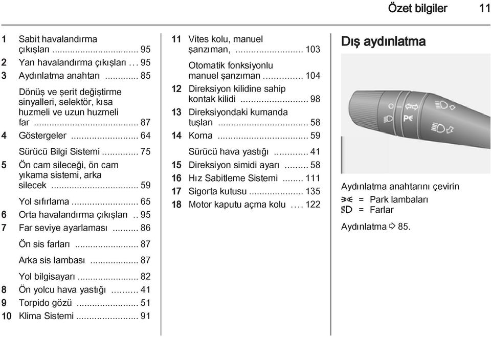 .. 86 Ön sis farları... 87 Arka sis lambası... 87 Yol bilgisayarı... 82 8 Ön yolcu hava yastığı... 41 9 Torpido gözü... 51 10 Klima Sistemi... 91 11 Vites kolu, manuel şanzıman,.