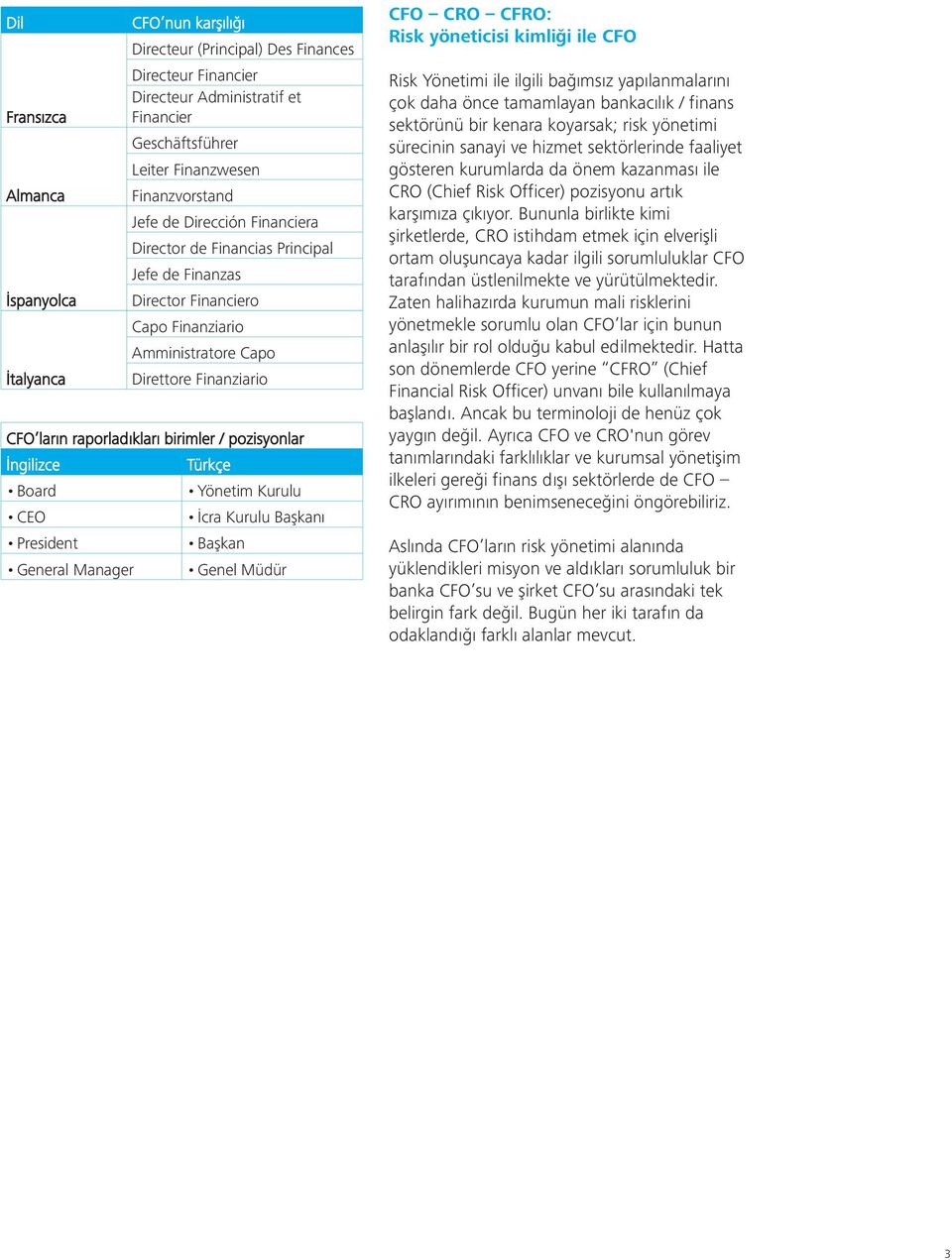 birimler / pozisyonlar İngilizce Board CEO President General Manager Türkçe Yönetim Kurulu İcra Kurulu Başkanı Başkan Genel Müdür CFO CRO CFRO: Risk yöneticisi kimliği ile CFO Risk Yönetimi ile