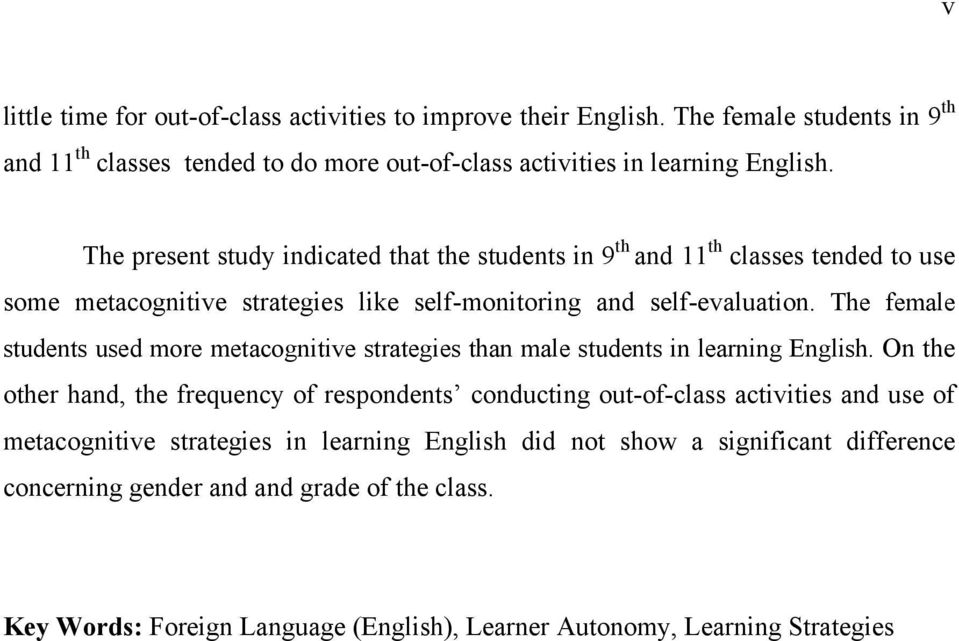 The female students used more metacognitive strategies than male students in learning English.