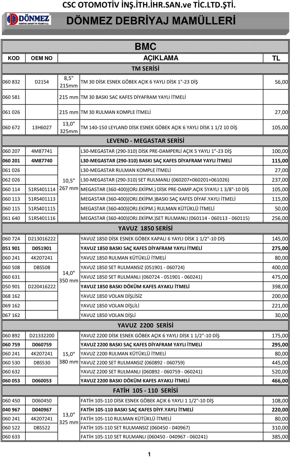 PRE-DAMPERLİ AÇIK 5 YAYLI 1"-23 DİŞ 100,00 060 201 4M87740 L30-MEGASTAR (290-310) BASKI SAÇ KAFES DİYAFRAM YAYLI İTMELİ 115,00 061 026 L30-MEGASTAR RULMAN KOMPLE İTMELİ 27,00 062026 10,5"