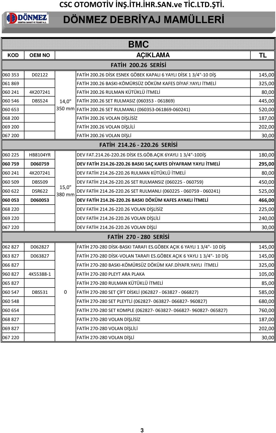 26 SET RULMANLI (060353-061869-060241) 520,00 068200 FATİH 200.26 VOLAN DİŞLİSİZ 187,00 069200 FATİH 200.26 VOLAN DİŞLİLİ 202,00 067200 FATİH 200.26 VOLAN DİŞLİ 30,00 FATİH 214.26-220.