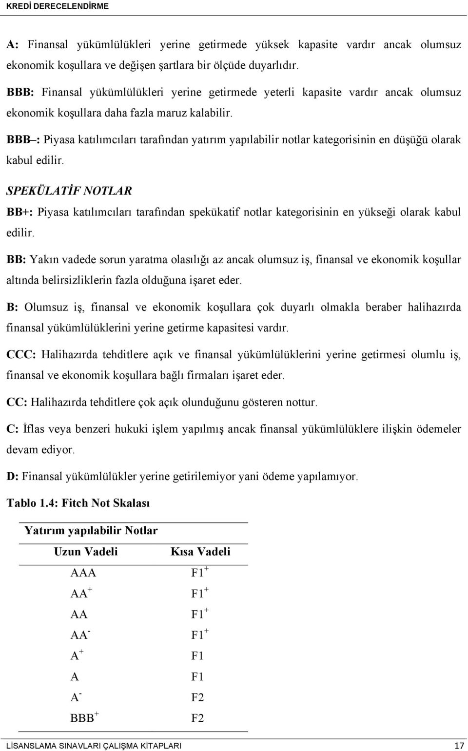 BBB : Piyasa katılımcıları tarafından yatırım yapılabilir notlar kategorisinin en düşüğü olarak kabul edilir.
