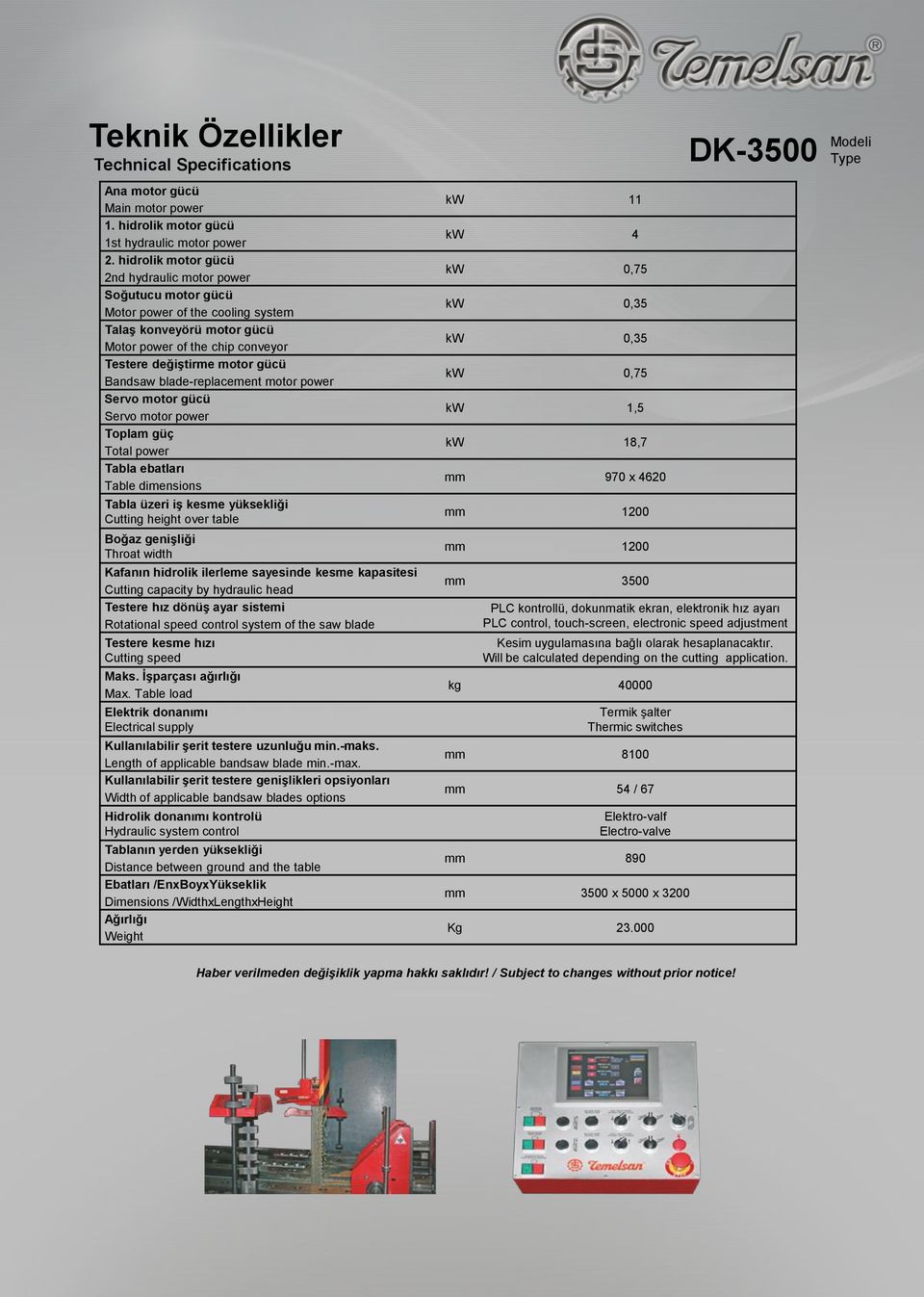 blade-replacement motor power Servo motor gücü Servo motor power Toplam güç Total power Tabla ebatları Table dimensions Tabla üzeri iş kesme yüksekliği Cutting height over table Boğaz genişliği