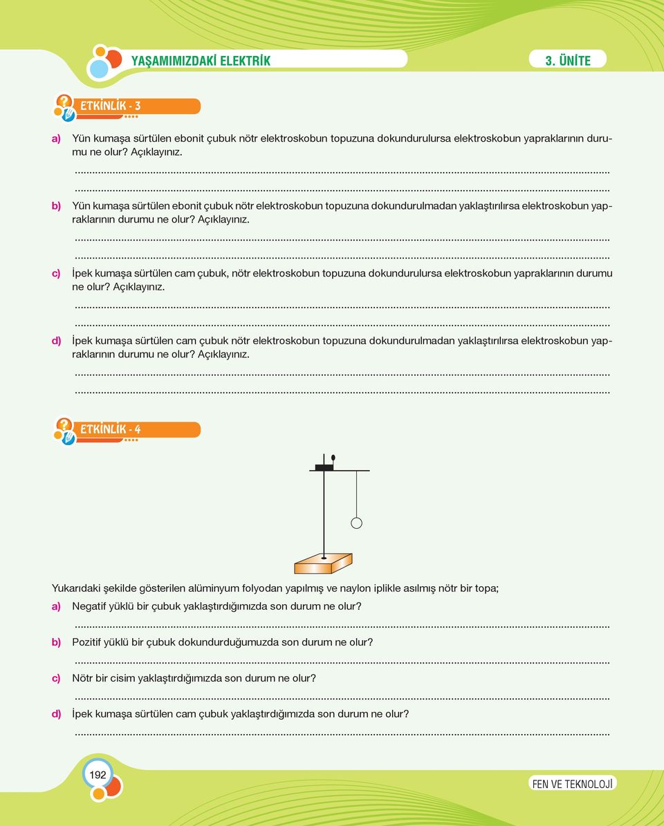 İpek kumaşa sürtülen cam çubuk, nötr elektroskobun topuzuna dokundurulursa elektroskobun yapraklarının durumu ne olur? Açıklayınız......... d).