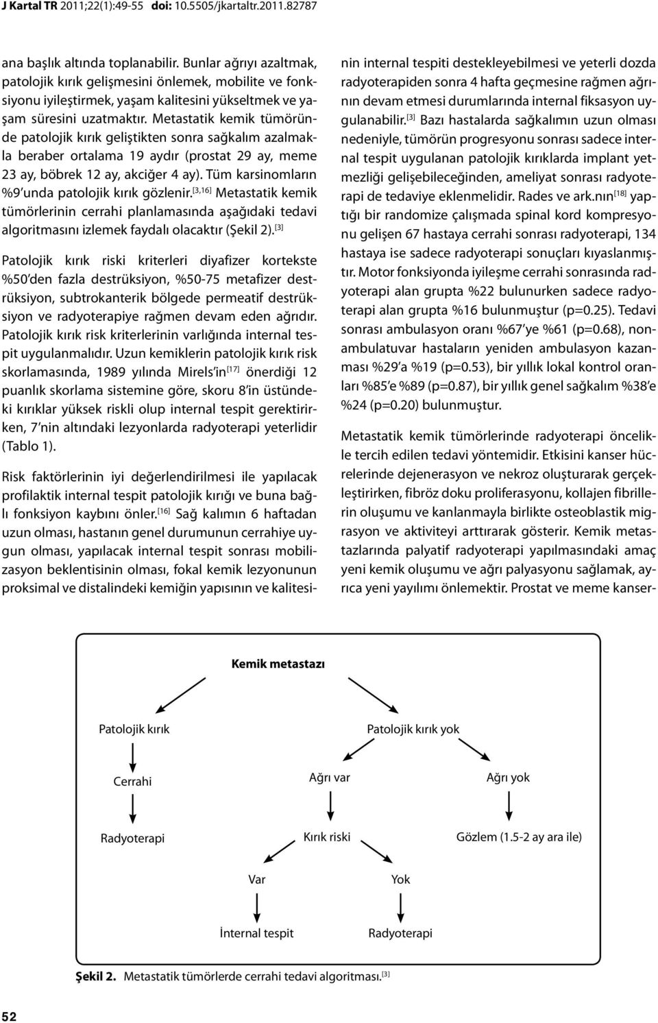 Metastatik kemik tümöründe patolojik kırık geliştikten sonra sağkalım azalmakla beraber ortalama 19 aydır (prostat 29 ay, meme 23 ay, böbrek 12 ay, akciğer 4 ay).