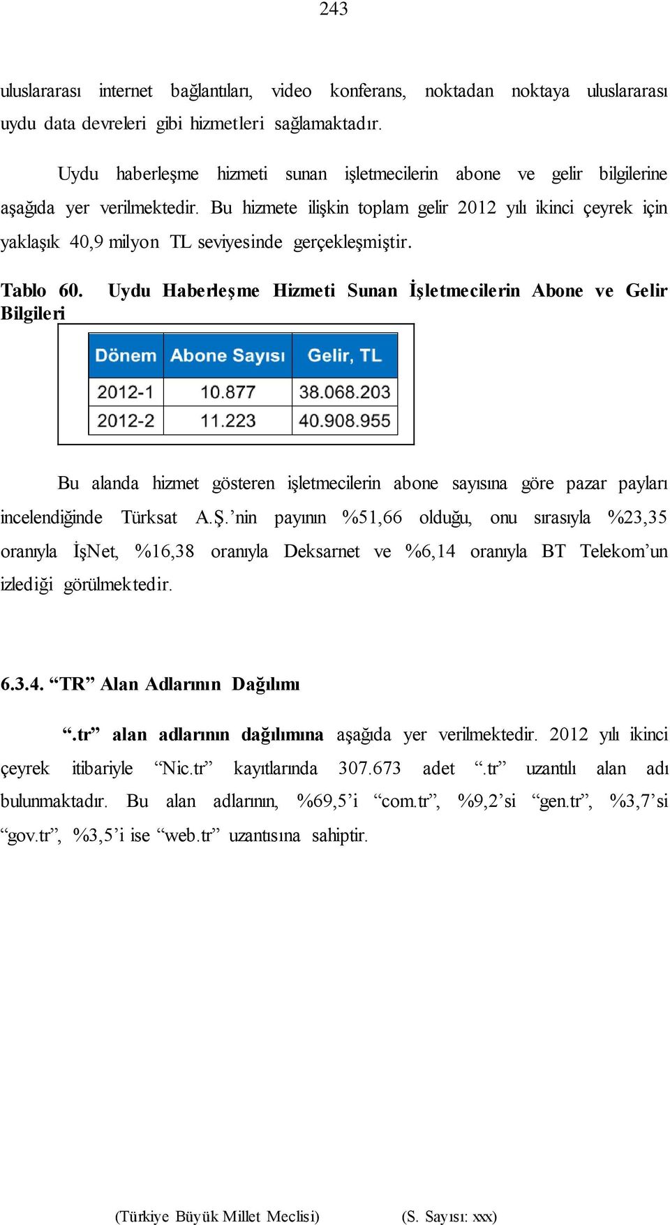 Bu hizmete ilişkin toplam gelir 2012 yılı ikinci çeyrek için yaklaşık 40,9 milyon TL seviyesinde gerçekleşmiştir. Tablo 60.