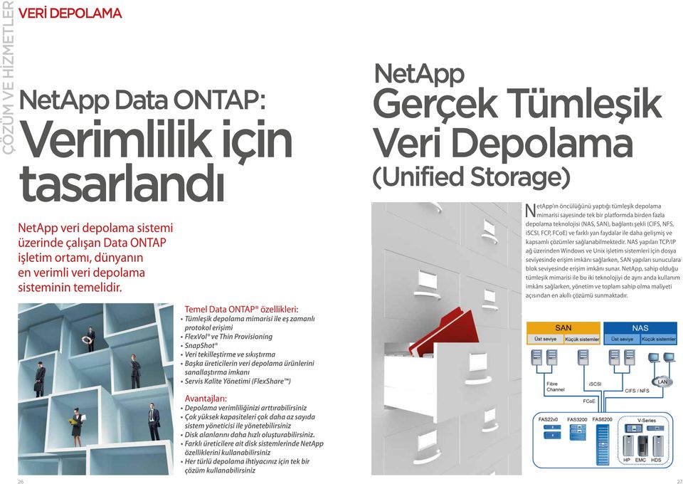 Temel Data ONTAP özellikleri: Tümleşik depolama mimarisi ile eş zamanlı protokol erişimi FlexVol ve Thin Provisioning SnapShot Veri tekilleştirme ve sıkıştırma Başka üreticilerin veri depolama