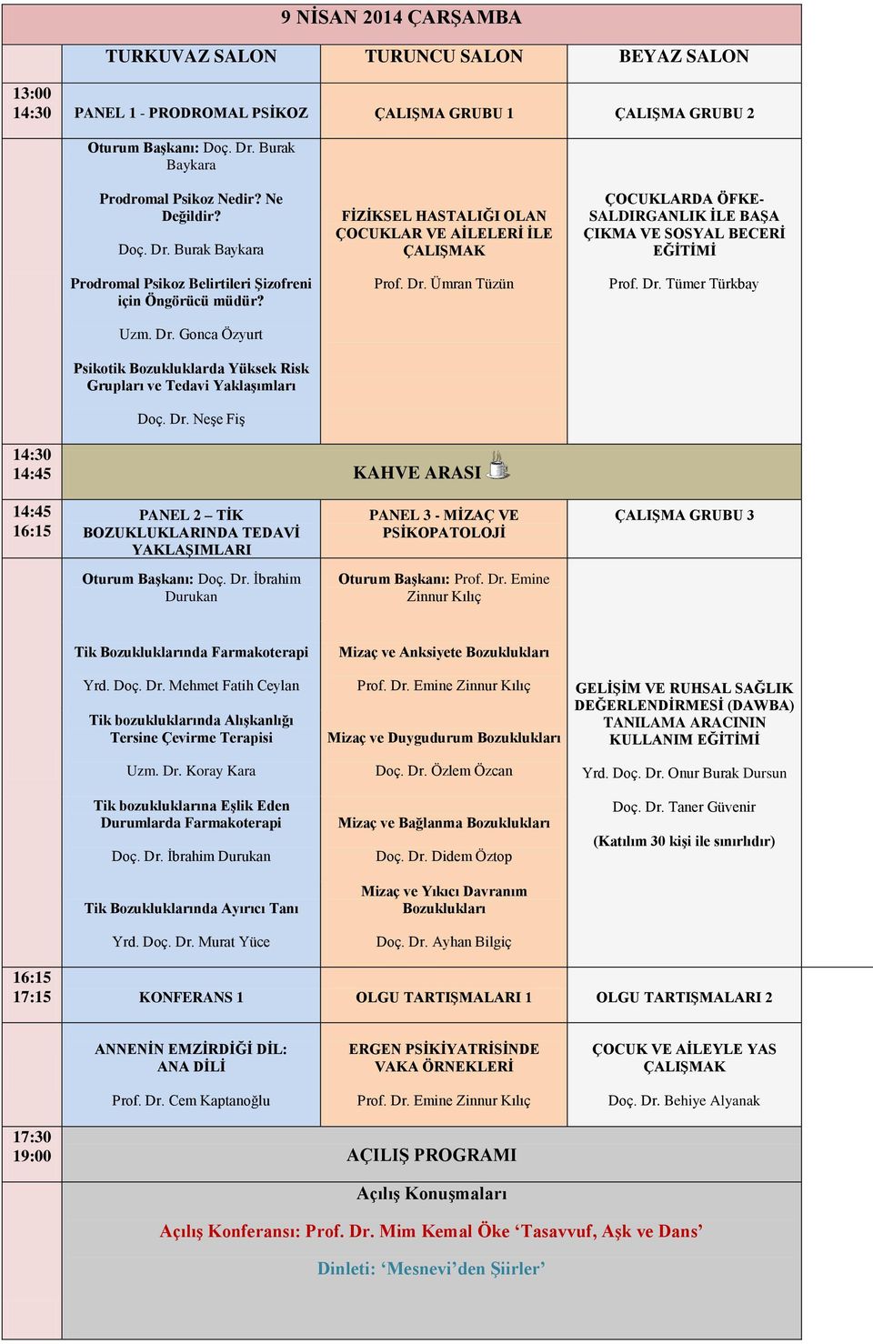 Dr. Tümer Türkbay 14:45 KAHVE ARASI 14:45 16:15 PANEL 2 TİK BOZUKLUKLARINDA TEDAVİ YAKLAŞIMLARI PANEL 3 - MİZAÇ VE PSİKOPATOLOJİ ÇALIŞMA GRUBU 3 Oturum Başkanı: Doç. Dr.